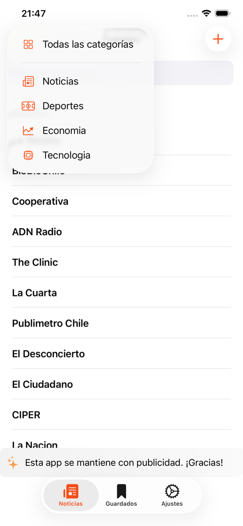 Noticias de Chile: Diarios - Mobile app screen showing a list of Chilean news sources and a category selection menu