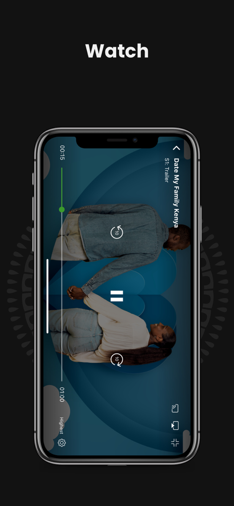 GOtv Stream - Un smartphone affichant le lecteur vidéo de l'application GOtv Stream diffusant une bande-annonce de Date My Family Kenya.