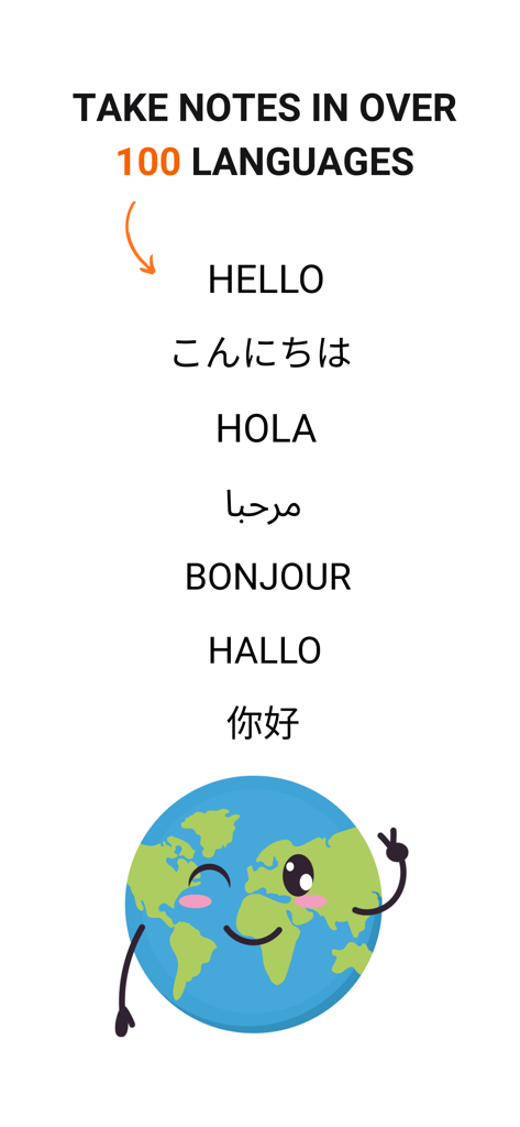 Función de la aplicación TikoNote que muestra soporte para toma de notas en más de 100 idiomas diferentes