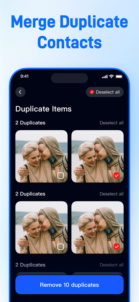 AI Cleaner Optimize Storage - AI Cleaner app interface showing duplicate photos identified for storage optimization and removal