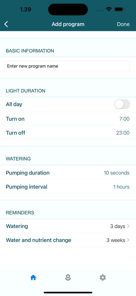 The Add program screen in the Tregren SmartGardener app for setting light and watering schedules