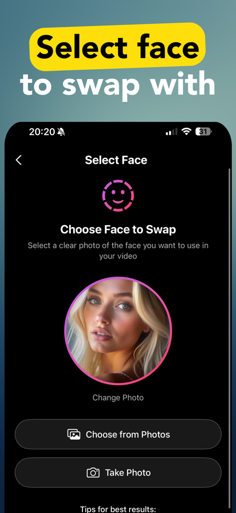 Face Swap - DeepFace AI - Interfaz de la aplicación Face Swap DeepFace AI mostrando el paso para seleccionar una foto de cara para edición de video.