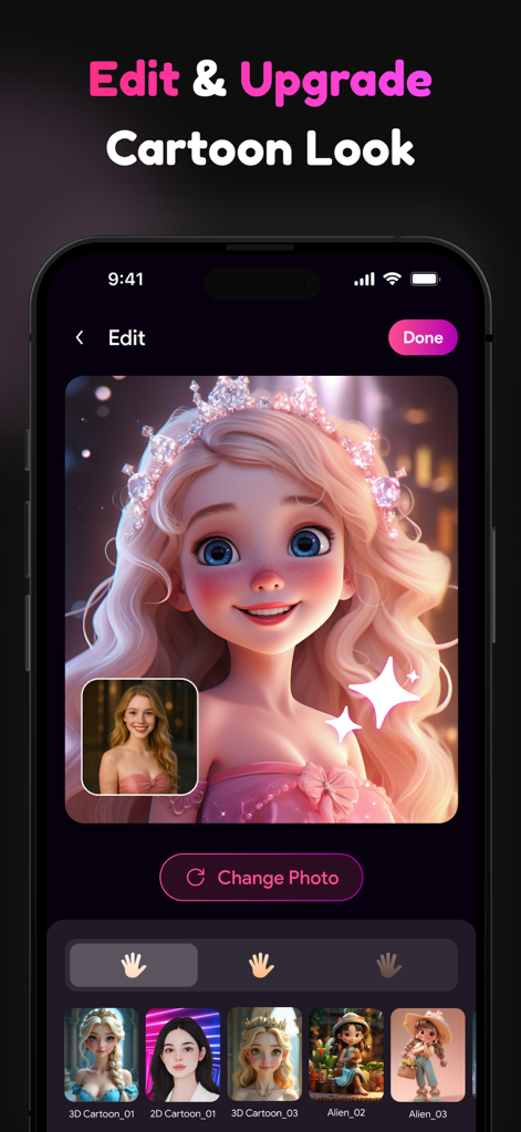 Interface of Cartoon Me app showing a user photo transformed into a 3D cartoon princess style.