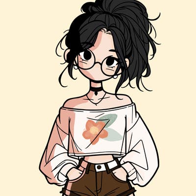 girl with a messy ponytail glasses a baggy crop top and jean shorts