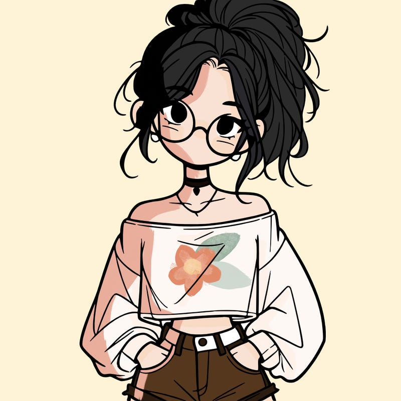 girl with a messy ponytail glasses a baggy crop top and jean shorts