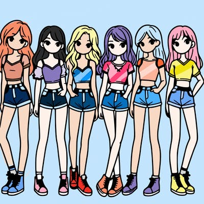 a group of girls wearing crop tops and shorts