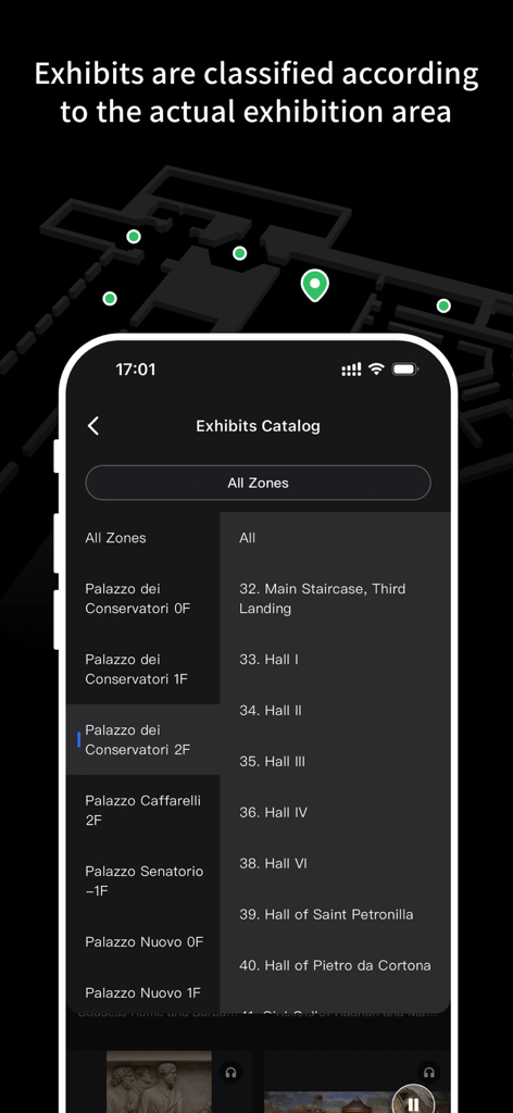MTour - MTour mobile app interface showing museum exhibits organized by floor and hall with a 3D floor map overview
