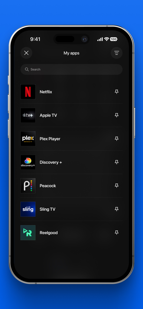 Interfaz de la aplicación de control remoto de TV Samsung que muestra una lista de aplicaciones de streaming instaladas como Netflix y Apple TV