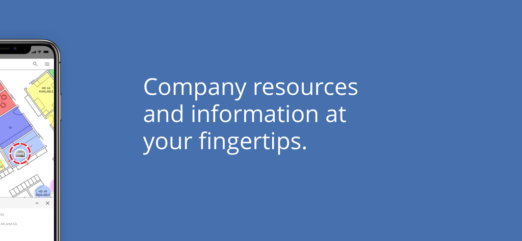 A smartphone displaying an interactive office floor plan within the OfficeSpace app.