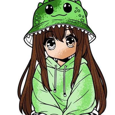girl with anime shaped eyes with a dinosaur bucket hat oversized sweatshirt long straight hair