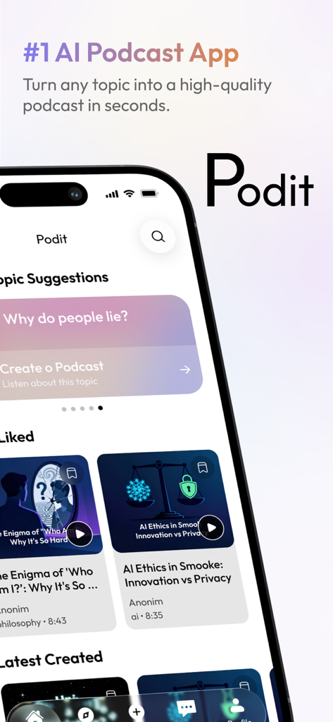 Podit app home screen displaying AI generated podcast topics and study summaries