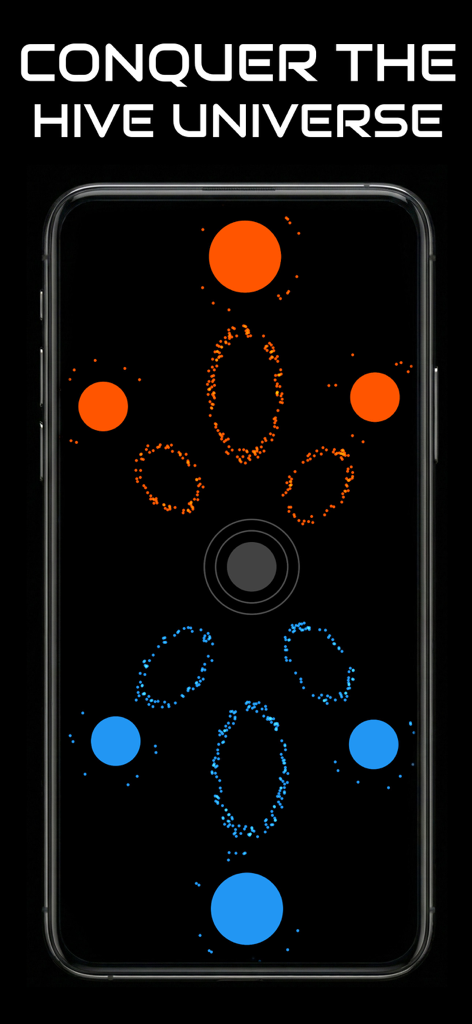 Captura de tela da jogabilidade do Swarm Game mostrando colmeias azuis e laranjas com unidades de insetos em enxame em uma tela de celular.