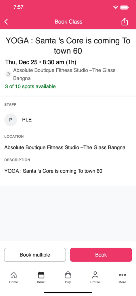 Absolute You app screen for booking a yoga class at a boutique fitness studio
