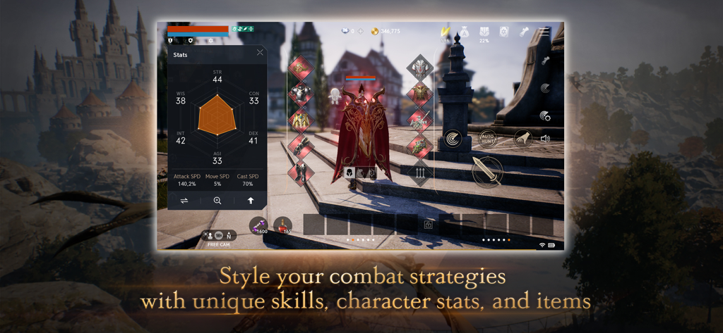 Lineage2M - Interfaz de personalización de personajes de Lineage2M que muestra estadísticas y elementos equipados