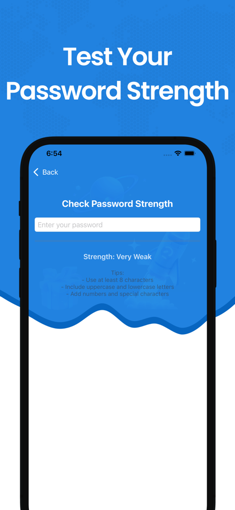 A screenshot of the Seal VPN app interface showing the password strength evaluation tool with security tips