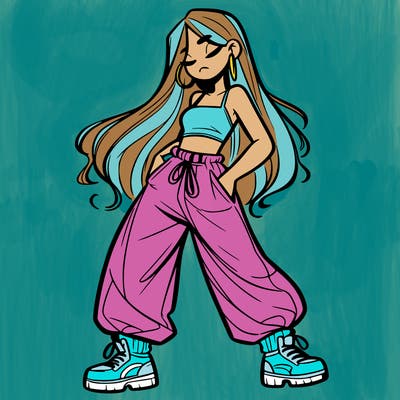 girl in baggy pants crop top and long hair