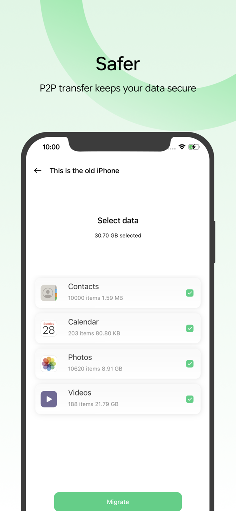 Interface de l'application Clone Phone montrant la sélection des contacts, du calendrier, des photos et des vidéos pour une migration de données sécurisée