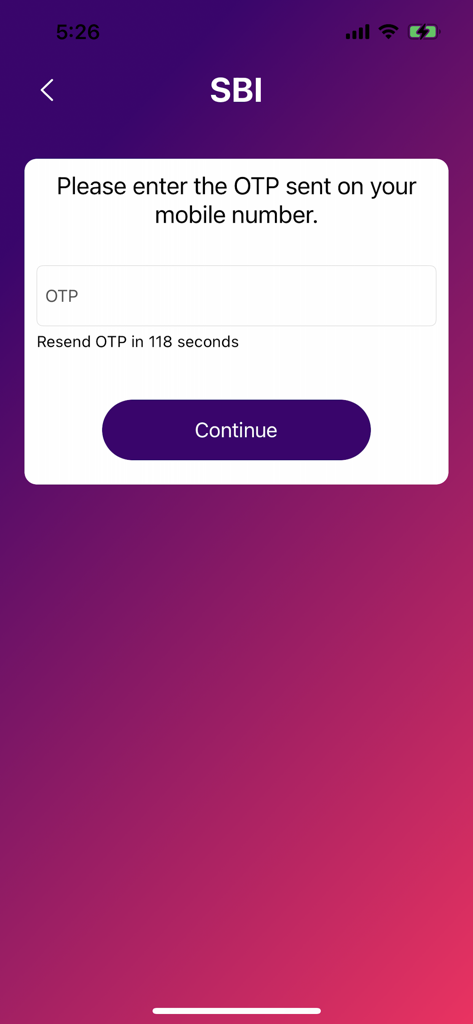 OTP verification screen for the State Bank of India Merchant eRupee app.