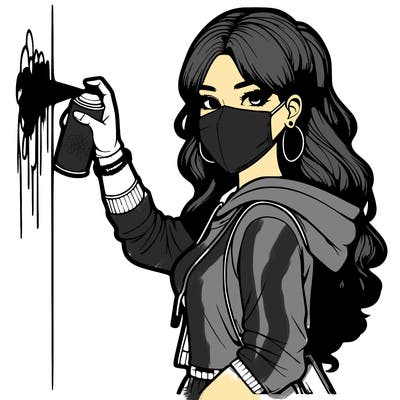 realistic girl with mask spray painting a wall