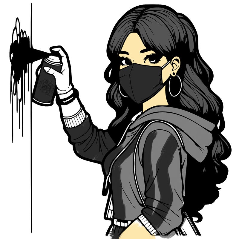 realistic girl with mask spray painting a wall