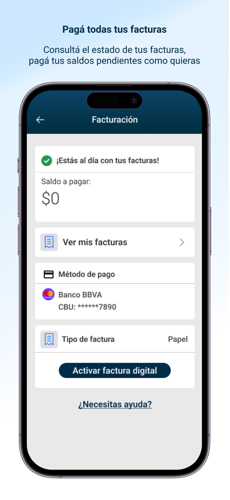Telecentro Sucursal Virtual - Telecentro app billing interface showing a zero balance and payment management options