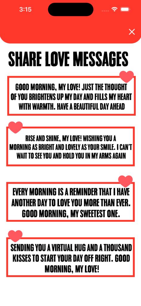Love messages Love quotes - A screen displaying various romantic good morning messages and love quotes decorated with heart icons
