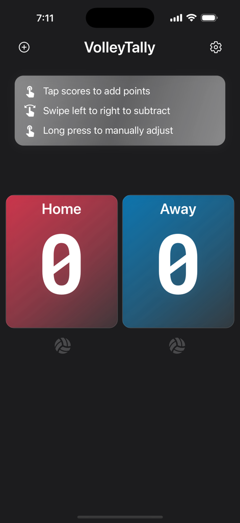 Schermata principale del tabellone segnapunti dell'app VolleyTally con i contatori del punteggio delle squadre Casa e Fuori casa