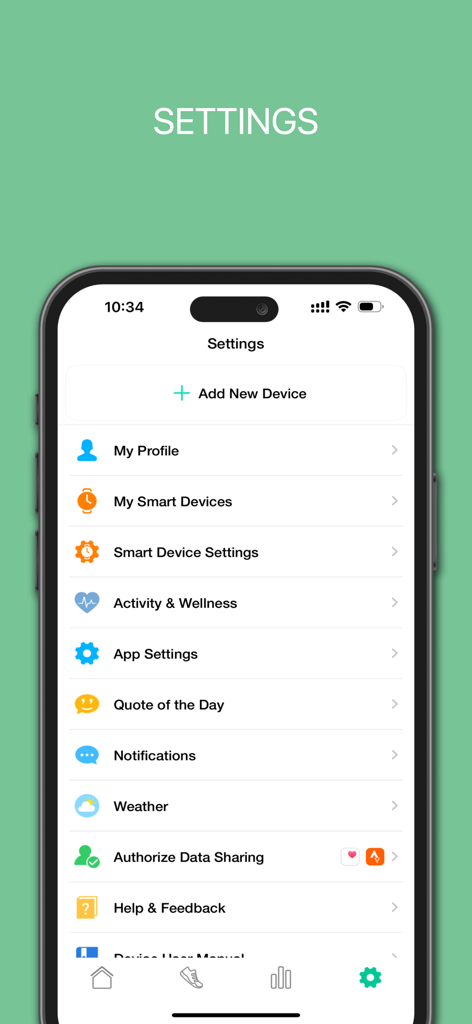 Settings menu of the STF Kronos app showing options for profile smart devices and data sharing