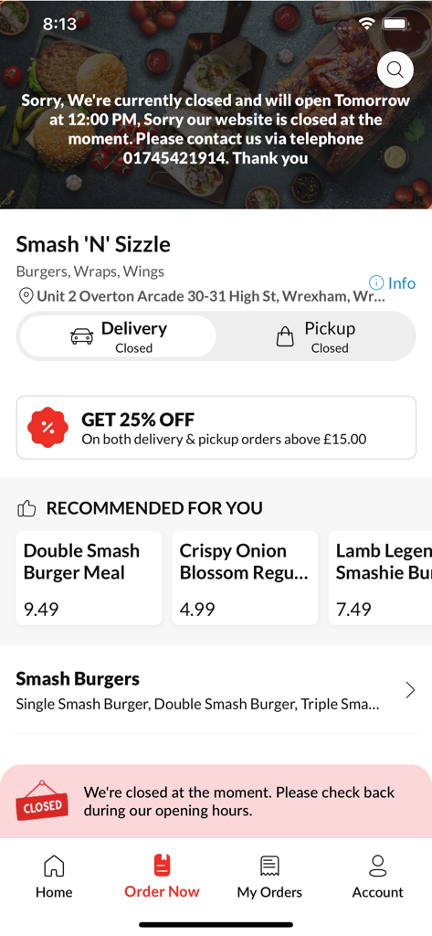 Smash N Sizzle - Smash N Sizzle mobile app home screen showing food menu and discount offers