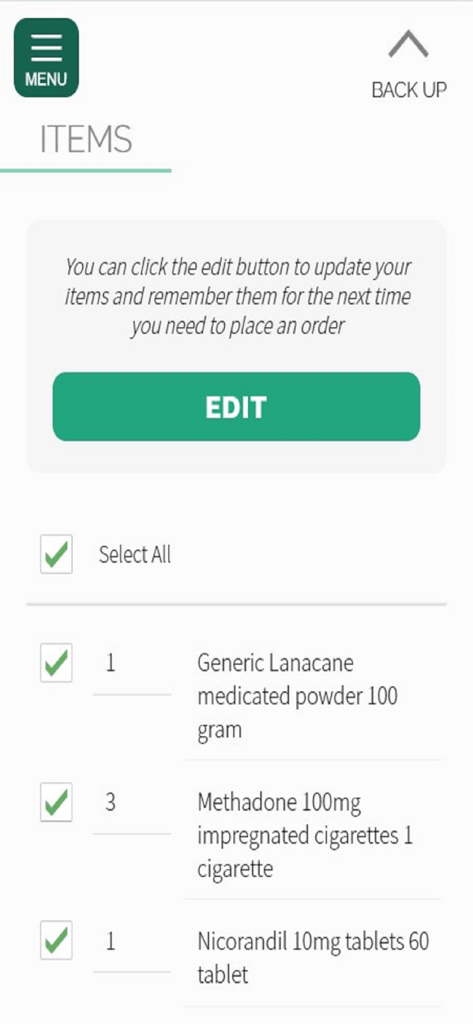 The Prescription App - Interfaccia dell'app mobile che visualizza una checklist di farmaci per l'ordinazione delle prescrizioni