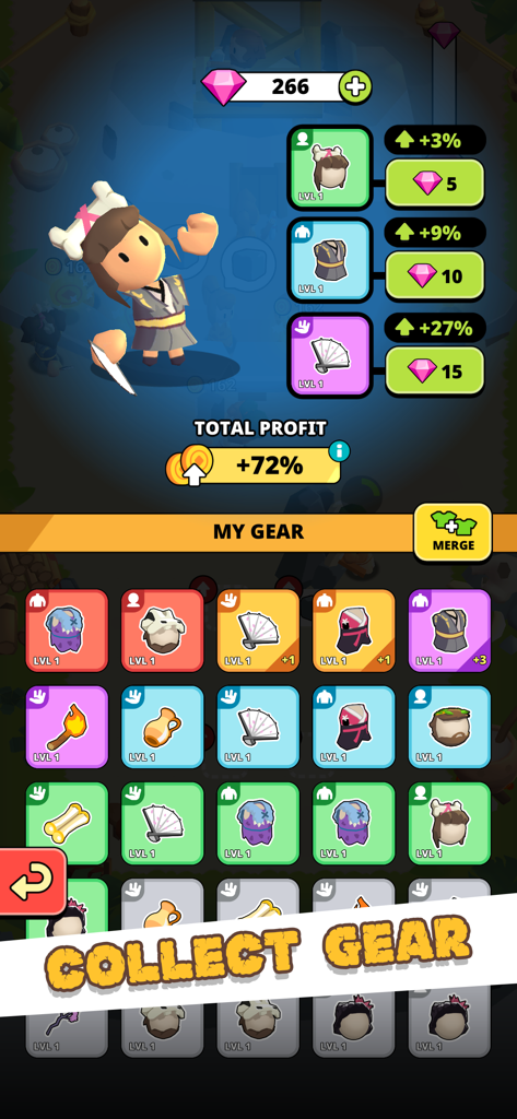 Uma tela de menu em Idle Civilizations Evolution mostrando uma grade de equipamentos colecionáveis e trajes de personagens para bônus de lucro.