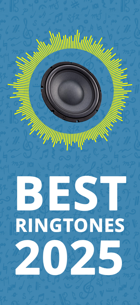 Best Ringtones 2026 for iPhone - Tela de lançamento do aplicativo Melhores Toques 2025 com um ícone de alto-falante e ondas sonoras amarelas em um fundo musical azul