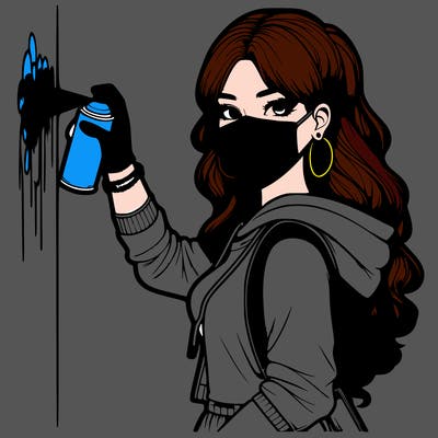 realistic girl with mask spray painting a wall