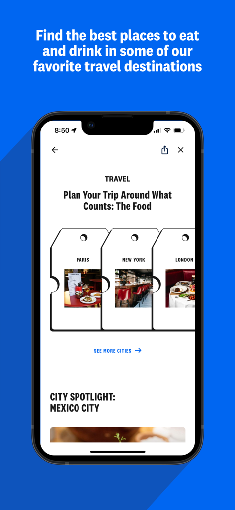 The Infatuation app travel section showing restaurant guides for cities like Paris New York and London