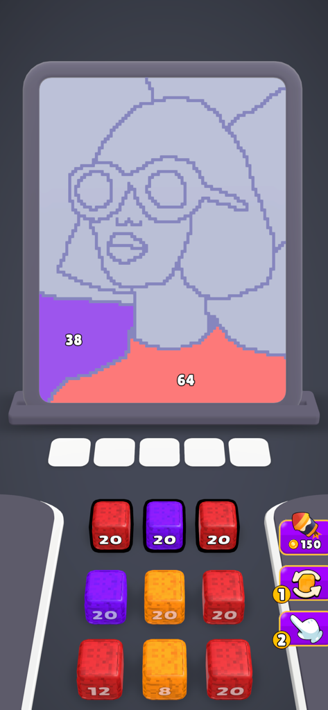 Gameplay screenshot of Sand Jam showing a pixel art portrait being filled with colored blocks