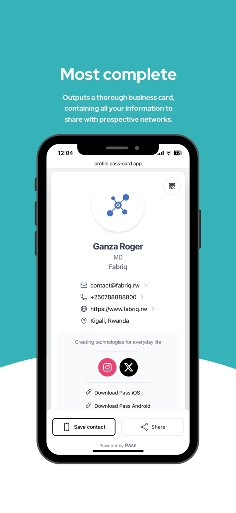 Nami - A business card - Un profilo di biglietto da visita digitale professionale nell'app Nami che mostra dettagli di contatto e link ai social media.