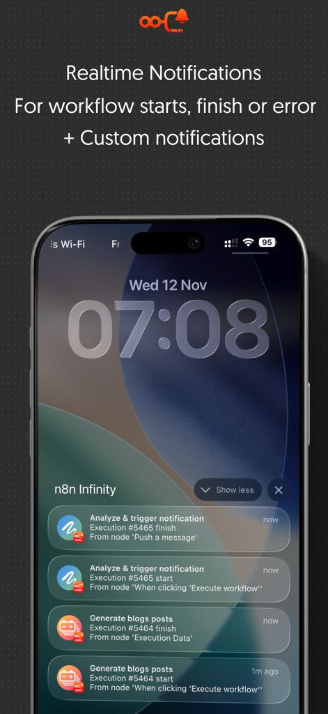 Infinity Workflows - iPhone lock screen showing real time workflow notifications for n8n executions