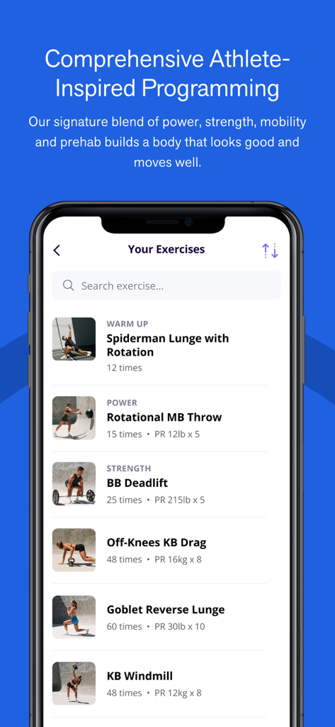 Theory of Motion - Eine mobile App-Oberfläche, die eine Liste funktioneller Übungen anzeigt, einschließlich Aufwärmübungen, Kraftbewegungen und Krafttraining mit Fortschrittsprotokollen.