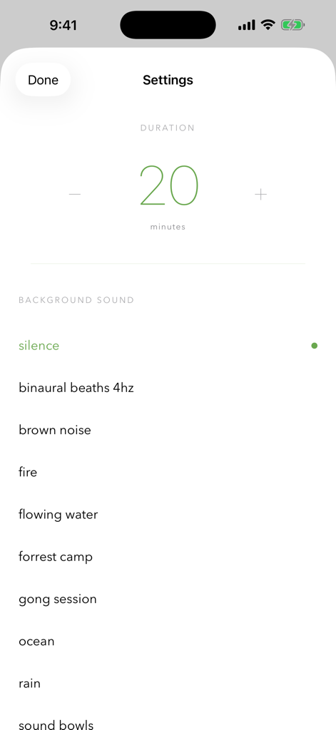 Dharma Wellness - Configuración de sesión de meditación de Dharma Wellness que muestra la duración y las opciones de sonido de fondo