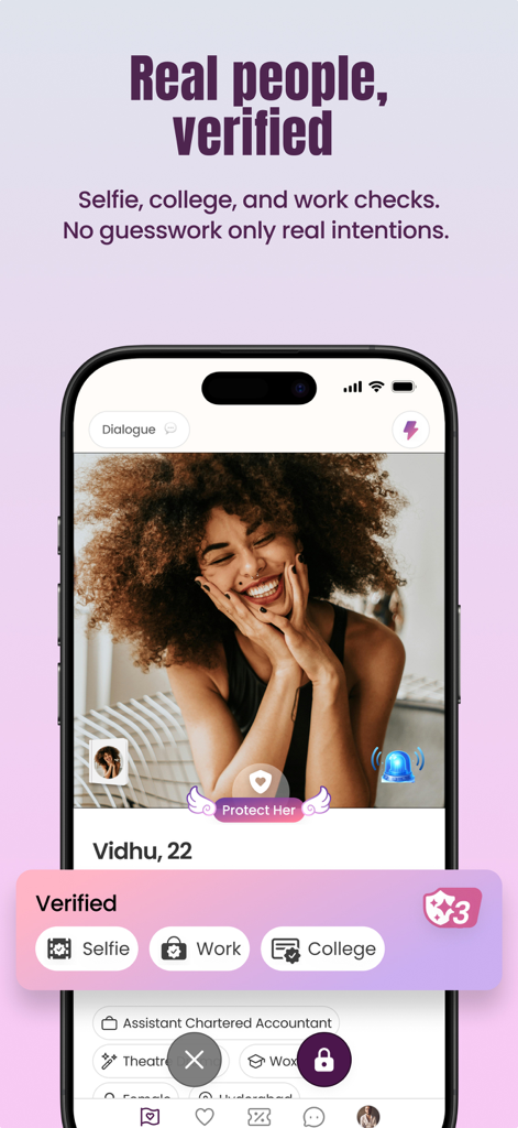 Swifey dating app profile showing verified badges for selfie work and college