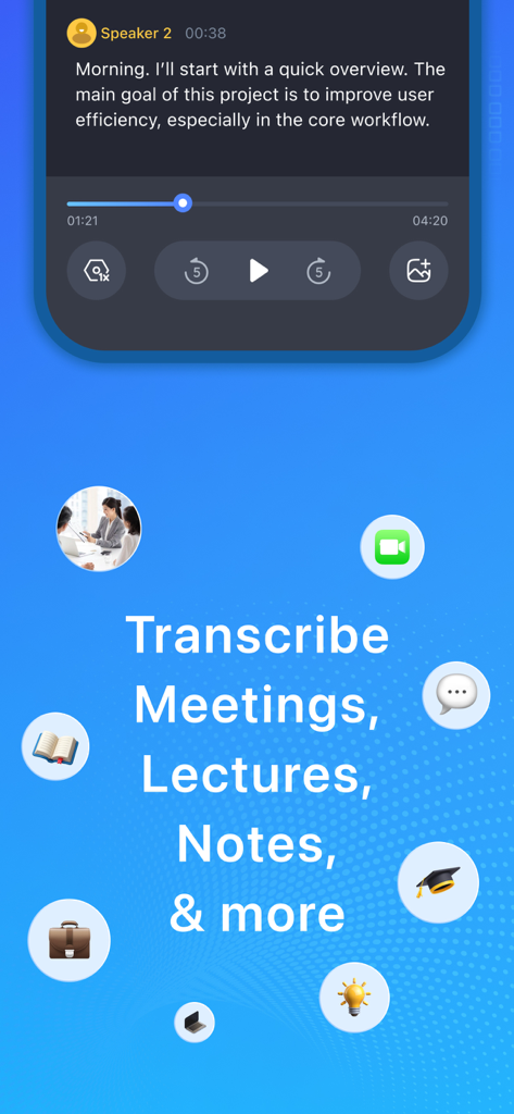 Voice Recorder: AI Voice Notes - Voice Recorder AI app showing transcription for meetings lectures and notes