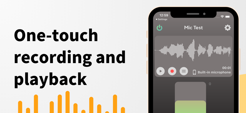 Mic Test App-Oberfläche, die Ein-Tasten-Aufnahme und -Wiedergabe mit einer Audio-Wellenform auf einem Smartphone zeigt.