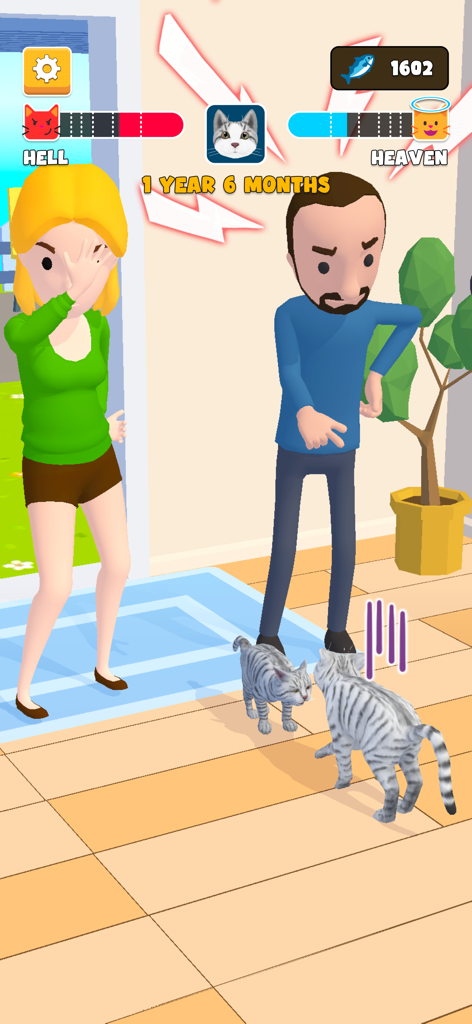 Gameplay von Cat Life Pet Simulator 3D, das zwei Katzen in einem Raum mit Himmel- und Höllen-Auswahlbalken oben zeigt.