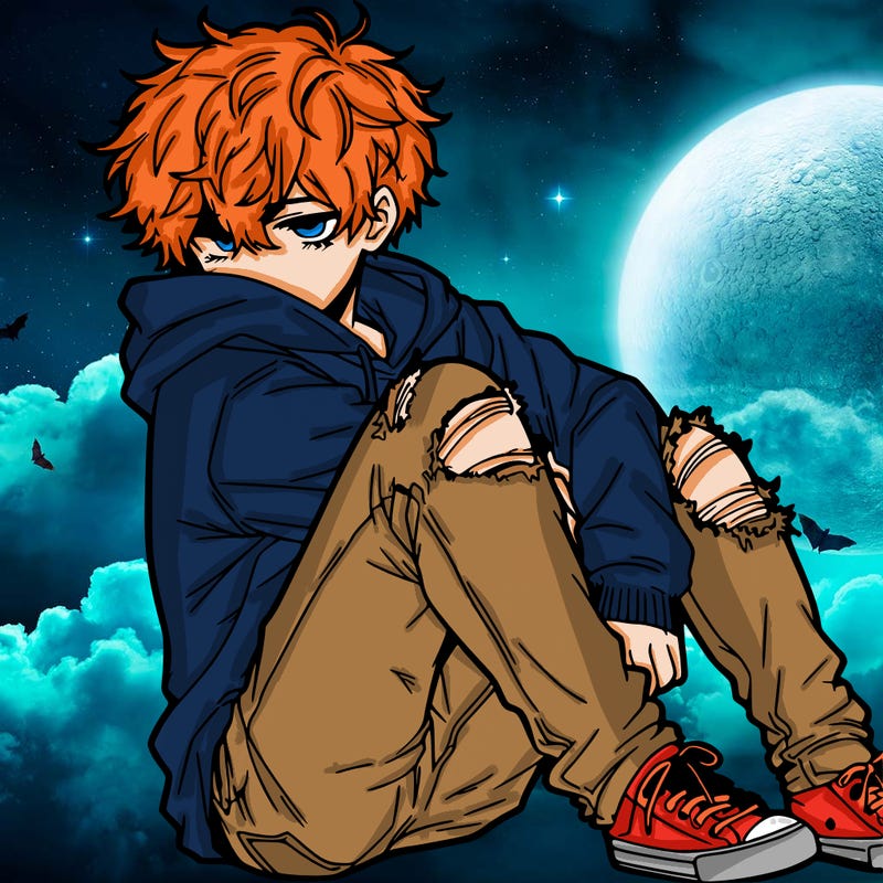 a male hoddie ripped jeans messy hair anime