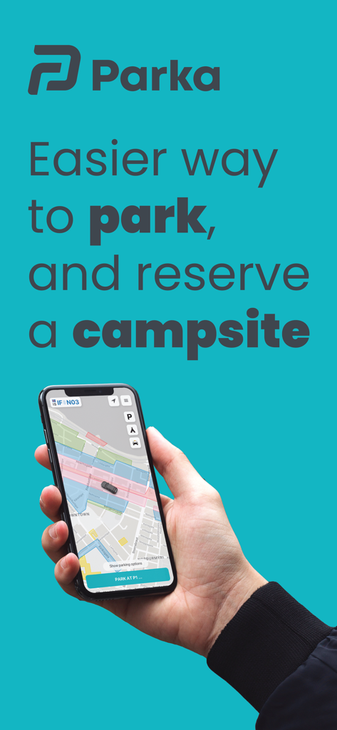 Parka app on a smartphone showing map for parking and campsite bookings