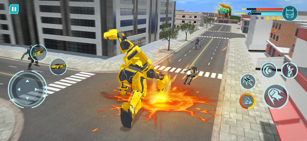 Gelber Roboter führt einen Bodenangriff in einer Stadtstraße aus