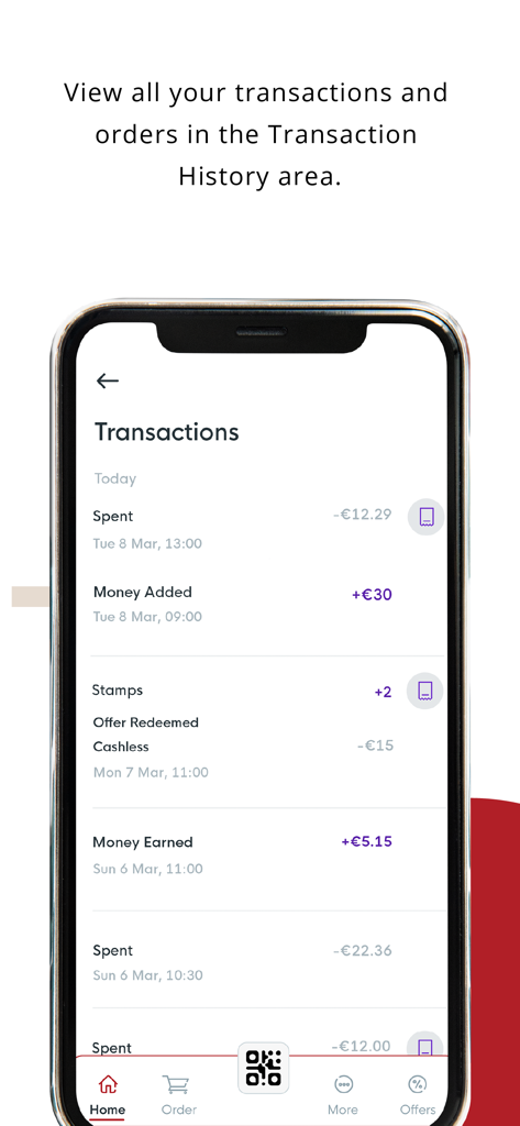 Digital transaction history screen in the Gulp Coffee app showing spending records and loyalty stamps