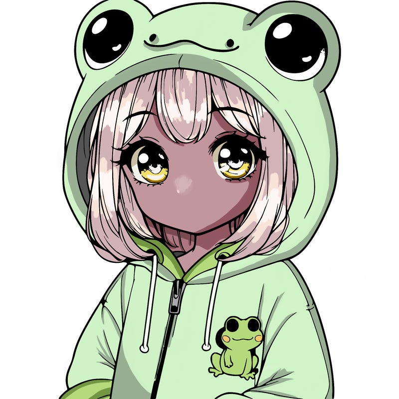 cute realistic girl in a froggy hoodie