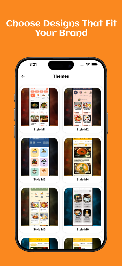 Uma coleção de estilos de tema de menu digital personalizáveis para alinhamento de marca de restaurante dentro do aplicativo eMenu AI