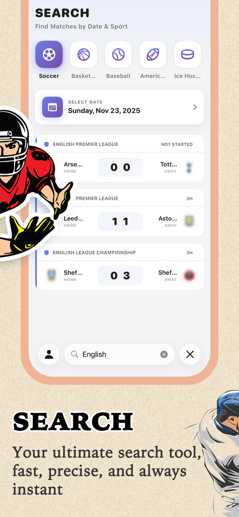 Nova Score - Nova soccer Hub - Tela de busca do aplicativo Nova Score mostrando categorias de esportes e resultados de futebol ao vivo